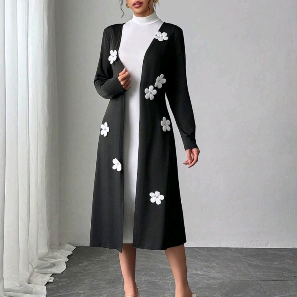Women Black Solid Floral 3D Embellished Long Jacket, Autumn/Winter - Picture 1 of 6